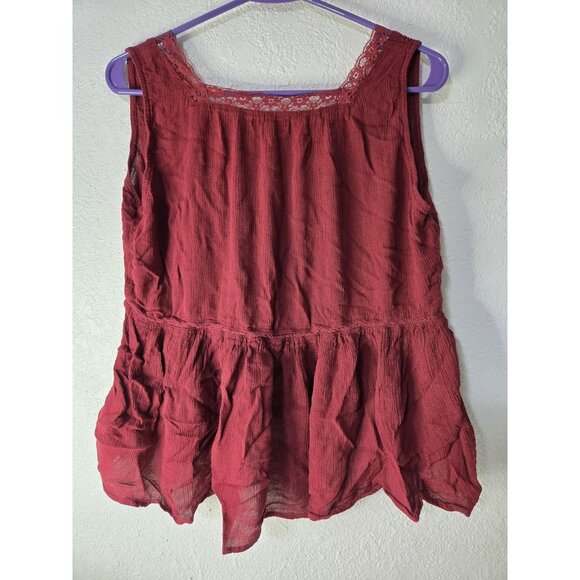Earthbound Top Womens Medium Red Lace Trim Sleeveless Boho Ruffle Tank Rayon - Picture 4 of 8